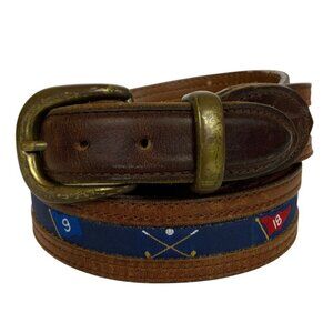 YRI Mens Golf Belt Canvas Leather Tabs Size 42/105 Brown Blue Brass Buckle
